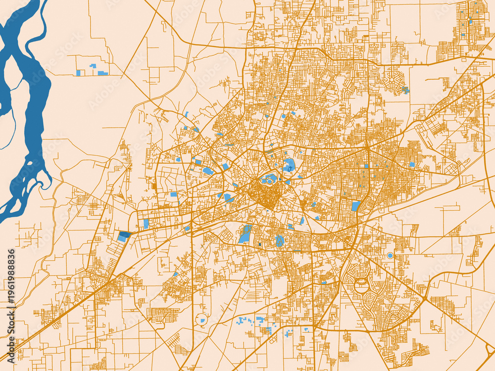 Obraz premium City map of Multan, Pakistan – golden linework with blue water