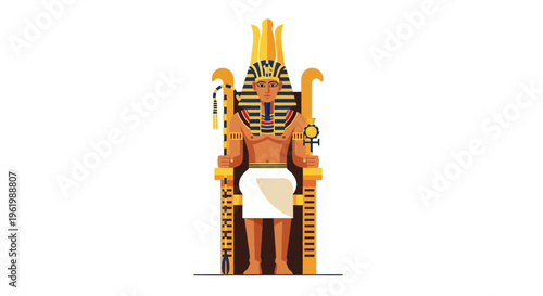 Detailed vector illustration of an ancient Egyptian pharaoh character sitting on a golden throne, adorned with royal symbols. Represents historical power, culture, and ancient authority