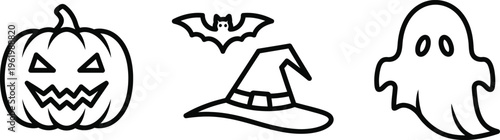 Spooky Halloween icons: carved pumpkin, witch hat, bat, and ghost.