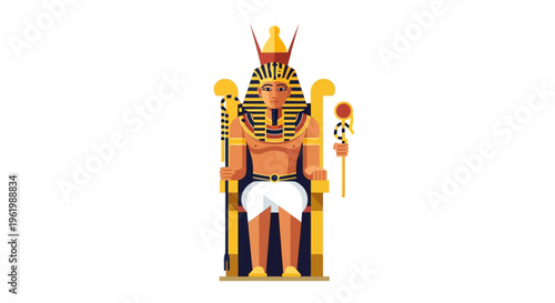 Ancient Egyptian ruler vector illustration depicting a regal pharaoh figure seated majestically on a golden throne, a stylized historical cultural icon