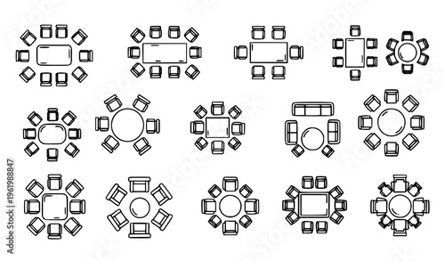 Top view furniture layout set with chair and table arrangements for office home and cafe floor plan vector illustration
