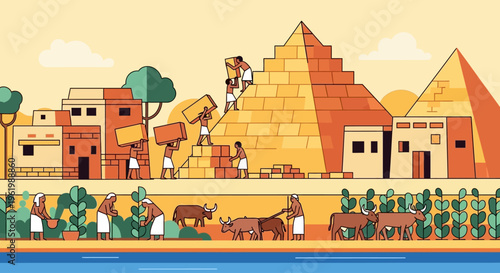 Detailed vector illustration of ancient Egyptian daily life, featuring pyramid construction, agricultural scenes, and a bustling community along the Nile