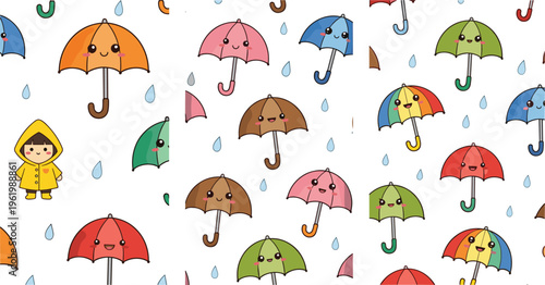 Cute umbrella seamless pattern with kawaii faces and raindrops, colorful rainy weather background with child in raincoat, playful vector illustration for kids design