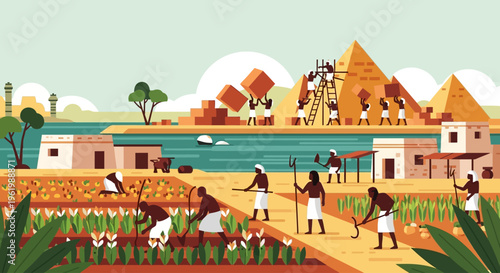 Ancient Egypt Daily Life Vector Illustration Pyramid Construction and Farming Scenes
