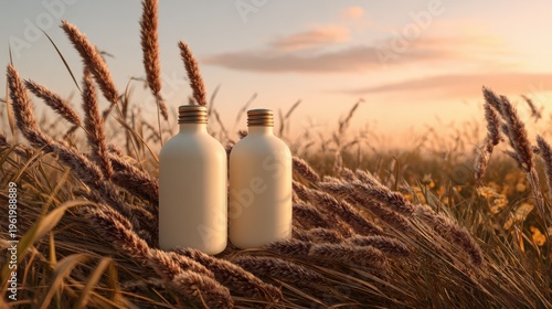 Bottles of natural ingredients golden field product photography serene environment close-up eco-friendly concept