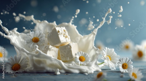 Milk splashing with daisies kitchen table still life indoor close-up culinary art