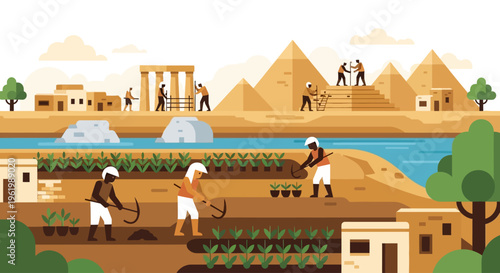 Ancient Egypt Farming Scene vector Illustration of Agricultural Life along the Nile River