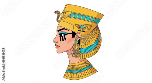 Detailed vector illustration of an ancient Egyptian regal figure in profile, adorned with a majestic royal headdress and traditional eye makeup, perfect for historical and cultural designs