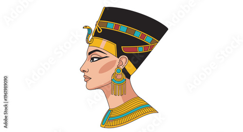 Stylized vector illustration of a regal ancient Egyptian ruler in profile, featuring an iconic nemes crown and ornate golden jewelry, presented in a modern flat 2D graphic art design