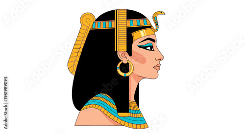 Vector illustration of a beautiful Egyptian queen, Cleopatra, depicted in a flat 2D style with ornate headwear and vibrant colors, capturing the essence of ancient royalty