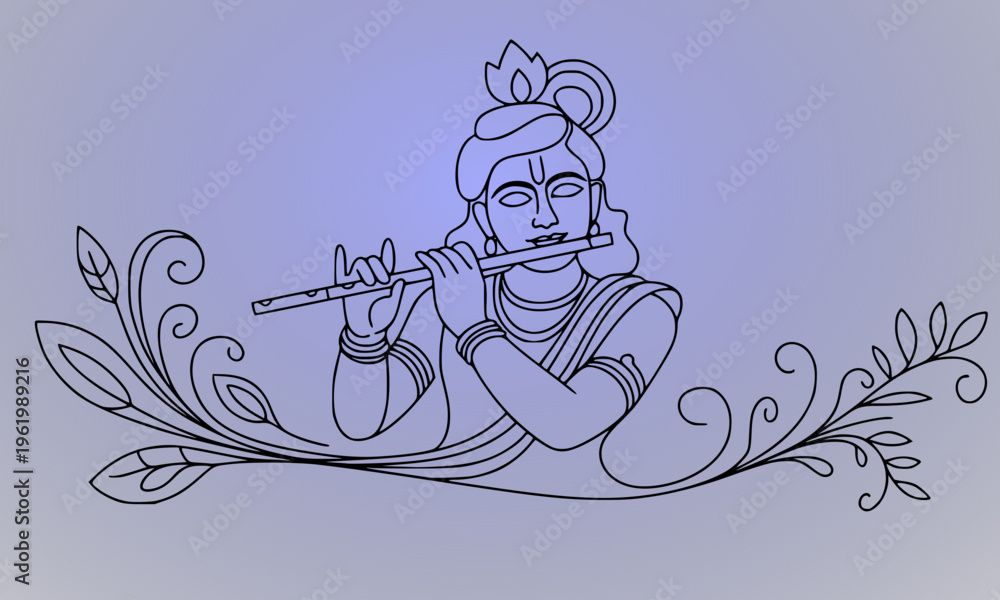 Obraz premium Elegant line art illustration of Lord Krishna playing the flute with decorative floral motifs on lavender background, perfect for Hindu religious, spiritual, and festive themed design projects