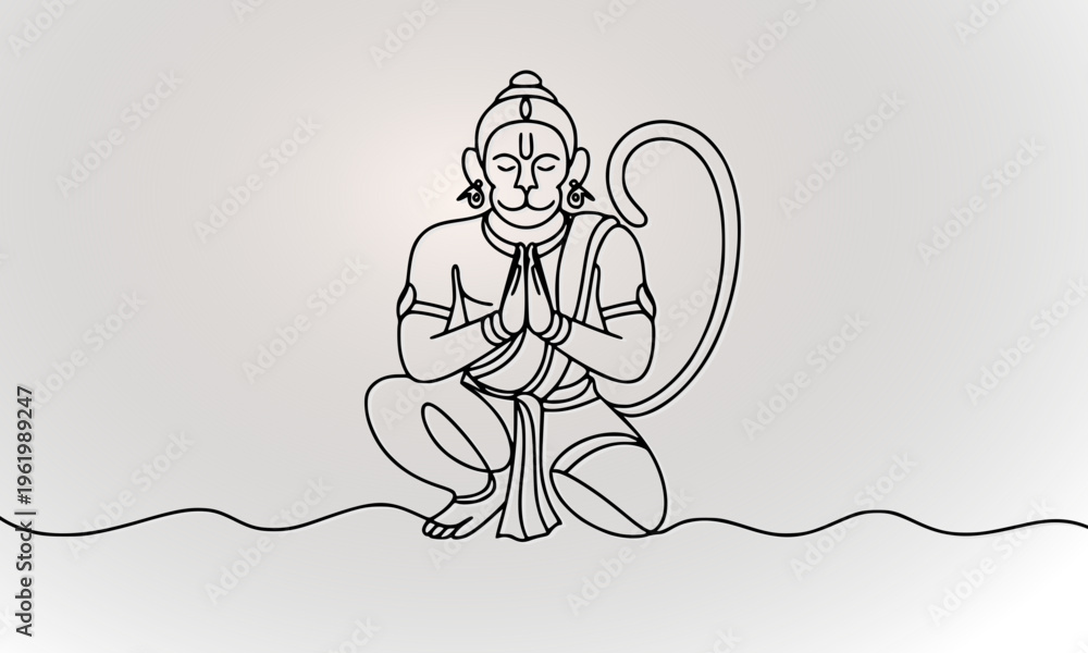 Obraz premium Continuous line art drawing of Lord Hanuman in prayer pose, minimalist Hindu god illustration perfect for spiritual, religious, and cultural design projects