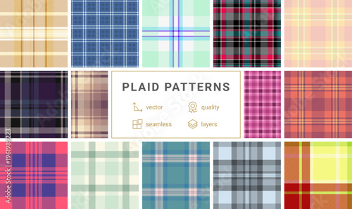 Plaid collection optimized for spring interiors and decor. The pack works for throws, pillows, table runners, and light upholstery. Vector artwork handles production sizes.