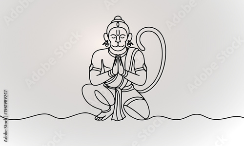 Continuous line art drawing of Lord Hanuman in prayer pose, minimalist Hindu god illustration perfect for spiritual, religious, and cultural design projects