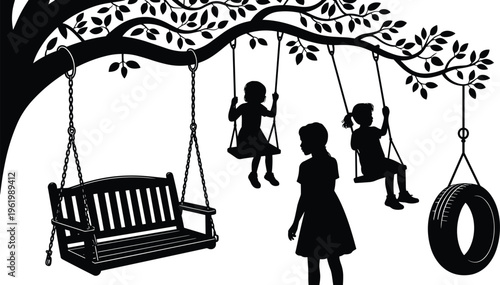 Flat vector illustration of tree with swings, children playing, silhouette design, outdoor nature scene, childhood leisure, black icons set