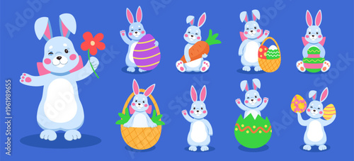 Happy Easter. Bunny face. Rabbit cartoon. Celebration animal. Decoration symbol for greeting card. Element for festive banner. Spring holiday celebration, festive seasonal decor, vector tidy character