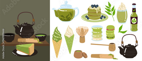 Matcha tea. Green drink. Hand with glass herbal beverage. Japanese dessert cake. Asian latte cocktail. Sweet healthy food snack. Vector natural aromatic cafe cartoon flat style isolated illustration