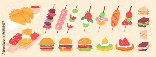 Canape appetizer. Sandwich on stick. Burger toothpick. Meal dish icon. Delicious cooked picnic. Mini aperitif food for party, sandwiches and desserts takeaway assortment vector cartoon garish menu set