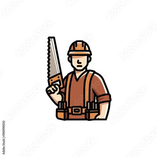 Cartoon illustration of a construction worker holding a large saw.