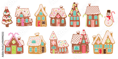 Ginger cookie. Bread house, gingerbread home. Cute pattern, food icon. Festive sugar, winter sweet dessert. Bakery bread. Decorative glaze christmas decoration. Vector cartoon flat style isolated set