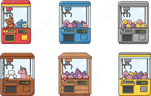 Collection of colorful claw machine illustrations with cute plush toys and prize balls in various styles including wood and metal for arcade game design