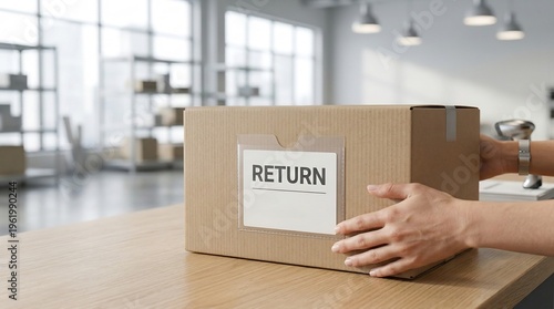 Customer returning an item by placing clothes into a cardboard box with a return label