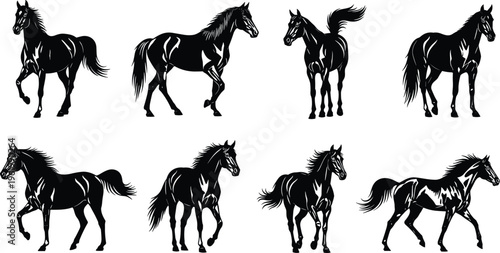 Collection of black horse silhouettes in various poses including running walking and standing isolated on white background for equestrian sports and nature designs.