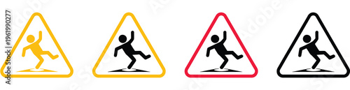 Caution wet floor signs set, warning slip hazard symbols collection with safety notice icons, cleaning alert graphics, danger prevention signs, isolated vector illustration.