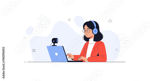 Woman with headphones and glasses working on a laptop with a webcam