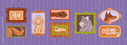 Cat photo. Dog vintage frame. Animal portrait as home wall art gallery. Cartoon pet painting on paper. Retro label for home interior decoration. Colorful puppy and kitty. Vector element decor set