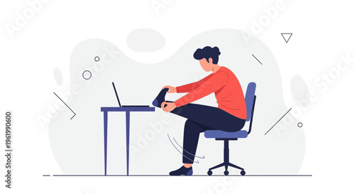 Man stretching leg while sitting at desk with laptop, office workout concept
