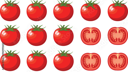 Collection of fresh whole red tomatoes and sliced halves arranged in a neat grid pattern on a white background for food photography and cooking concepts