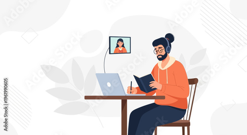 Student learning online with video call, taking notes, wearing headphones