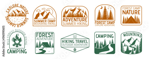 Camping emblem. Adventure Expedition logo. Vintage camp. Hiker badge. Mountain summer icon. Forest travel sticker. Branding identity. Vector nature climbing garish label isolated elements minimal set