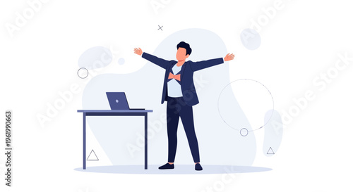 Successful businessman celebrating with arms wide open in modern office with laptop