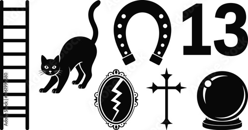 Superstition icons set, black cat silhouette, ladder symbol, horseshoe luck, broken mirror, number 13, crystal ball, flat vector illustration