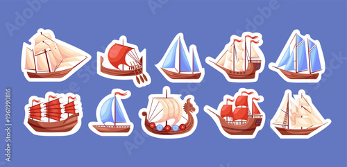 Ship wooden stickers. Sailboat on travel water. Old sail, frigate adventure. Ancient pirate boat. Ocean yacht craft. Vessel nautical history in sea. Vector cartoon flat style isolated illustration
