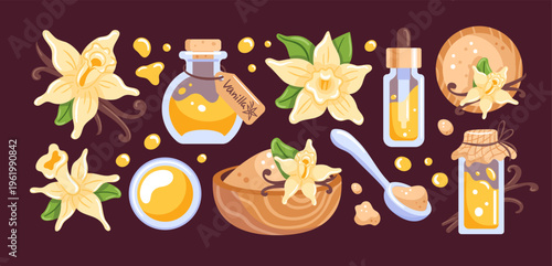 Vanilla flower set. Doodle sticker. Sugar spice for bakery. Culinary aromatic extract. Kitchen flavoring ingredient, food aromatics. Cute nature plant taste. Vector cartoon flat isolated illustration