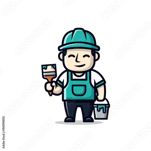 Cartoon painter character with brush and paint bucket.