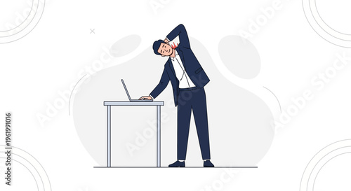 Businessman stretching neck and shoulders at office desk with laptop, healthy work concept