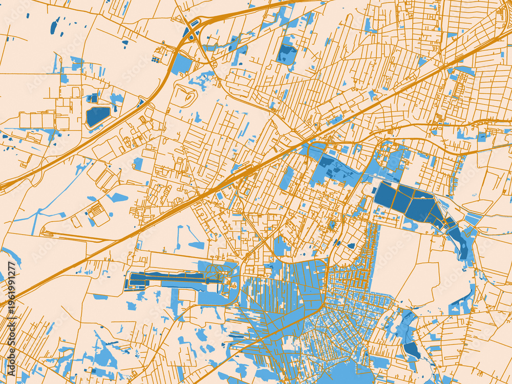 Naklejka premium Urban map poster of Pruszkow, Poland – gold and blue map palette