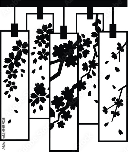 Black and white cherry blossom sakura floral branch panels for laser cut and CNC wall decor. Vector sketch.