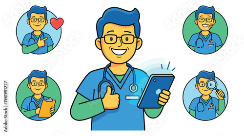 Diverse Doctor Healthcare Medical Professional Avatars Illustrating Clinical Care and Digital Health