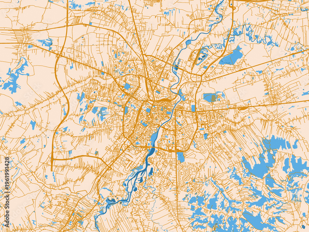 Fototapeta premium Street map of Rzeszow, Poland in golden linework with blue water
