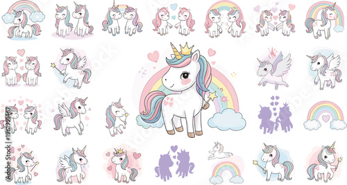 Cute unicorn characters collection with rainbows, wings and pastel colors, magical fantasy animals set for kids illustration, nursery decor and playful vector design