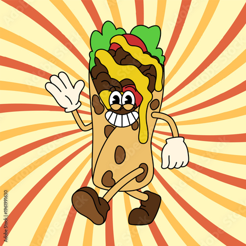 Cartoon retro character. Food mascot. Happy doner kebab walks. Grilled meat in pita. Striped groovy background. Delicious shawarma with greeting hand gesture. Vector fastfood card Y2k cafe promotion