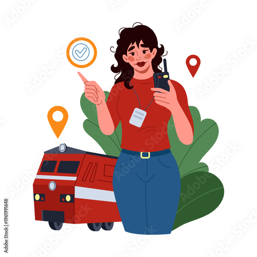 Supply export. Cargo delivery. Freight international transportation. Train logistic. Commercial destination map pins. Global distribution. Order route. Woman in uniform. Import parcel. Vector concept