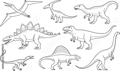 collection of prehistoric dinosaurs black and white outline drawing for coloring book