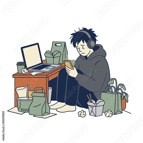 A young man sits at a cluttered desk eating while working on his laptop.