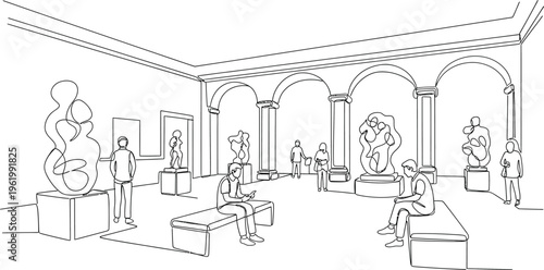 museum interior with sculptures and arches